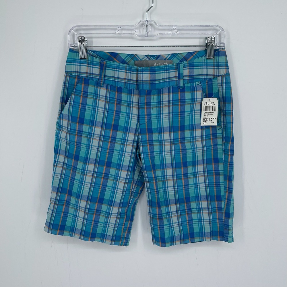 dELiA's NWT Women's Blue Murray Plaid Low Rise Bermuda Shorts Size 1-2 Jr